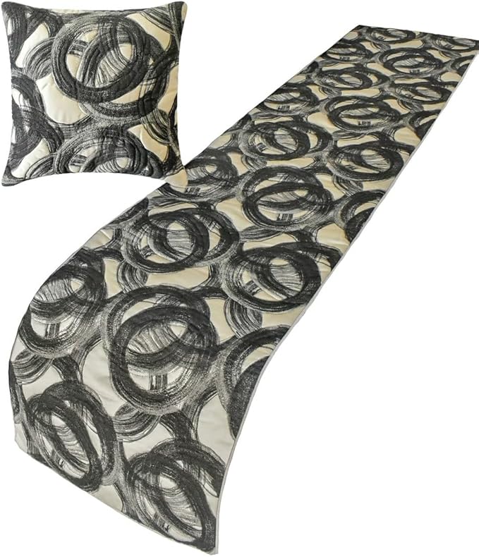 The HomeCentric King/Queen/Twin Black Decorative Queen 74"x18" Bed Runner with Pillow Cover, Circle, Rings, Quilted Bed Scarf on Jacquard Fabric - Circlewise