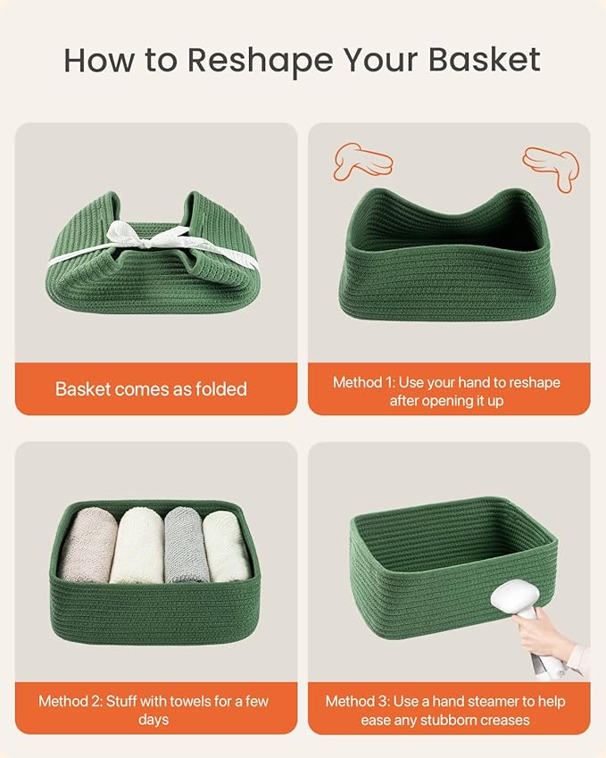 Small Woven Basket, 12 x 8 x 4.5 Inches, Storage Basket for Organizing, Cute Small Rope Shelf Closet Cube Storage Bins Baskets for Shelves, Dog Toy Gift Baskets Empty, 3 Packs, Green