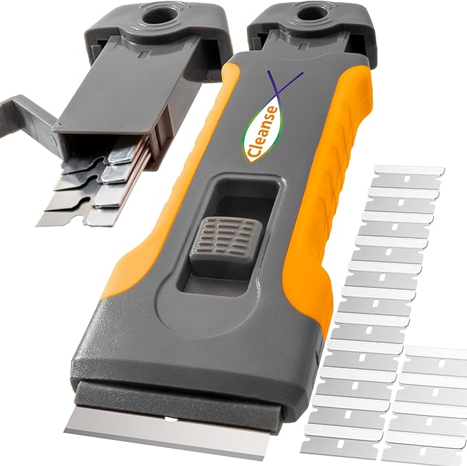 Razor Blade Scraper Tool with 15pcs Extra Blades, Cleaning Razor Scraper for Glass, Glass Top Stove Scraper for Oven Door, Cooktop Scraper, Glass Scraper Cleaning Paint from Glass (Gray)