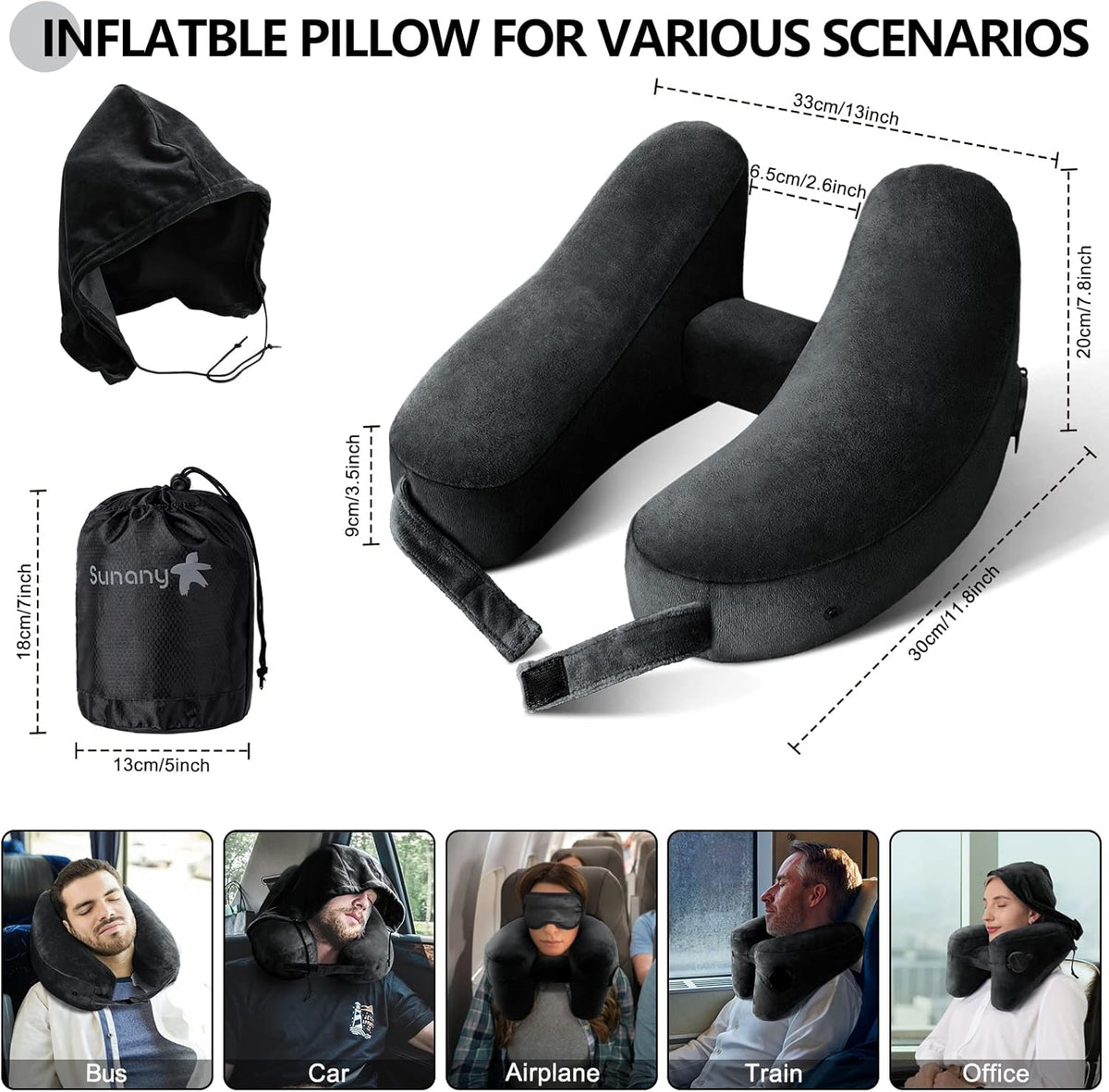 Neck Pillow for Travel Inflatable Airplane Pillow Comfortably Supports Head,Neck and Chin,Inflatable Travel Pillow with Soft Velour Cover,Hat,Portable Drawstring Bag (Black)