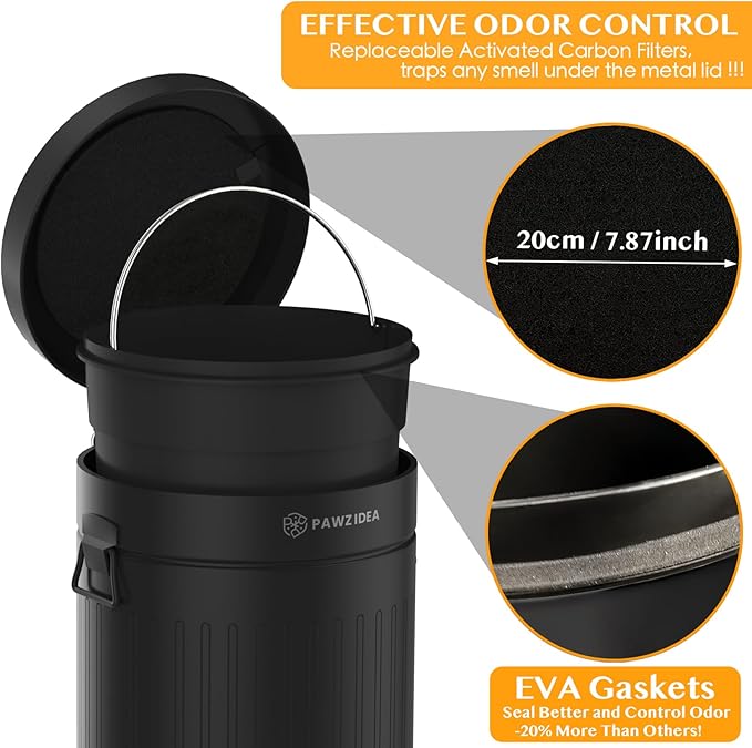 PAWZIDEA Dog Poop Trash Can Outside Odor Control, 3.1 Gallon Outdoor Trash Can with Lid, Waterproof Pet Waste Disposal Container, Small Poop Bin Step Garbage Can, 7.8in Activated Carbon Filter, Black