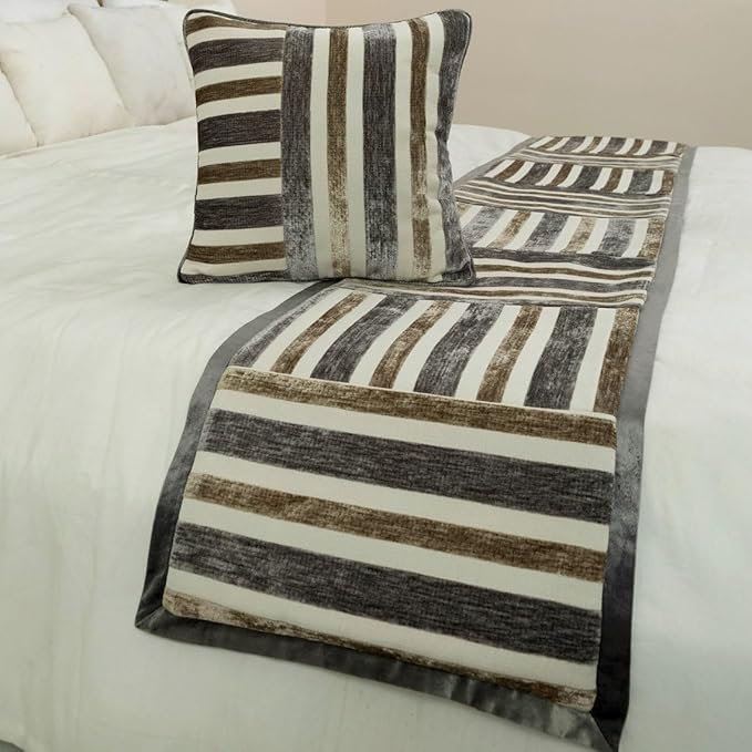 The HomeCentric King/Queen/Twin Beige & Grey Decorative Queen 74"x18" Bed Runner with 2 Pillow Cover, Patchwork Bed Scarf on Velvet Fabric - Striation
