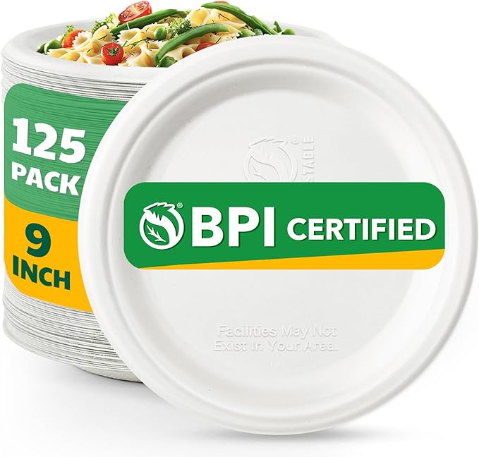 100% Compostable Paper Plates, 9 Inch, 125 Count, Biodegradable Bagasse Plates, Heavy Duty Disposable Plates Bulk for Party | Microwave-Safe | Soak-Resistant, Cut Resistant