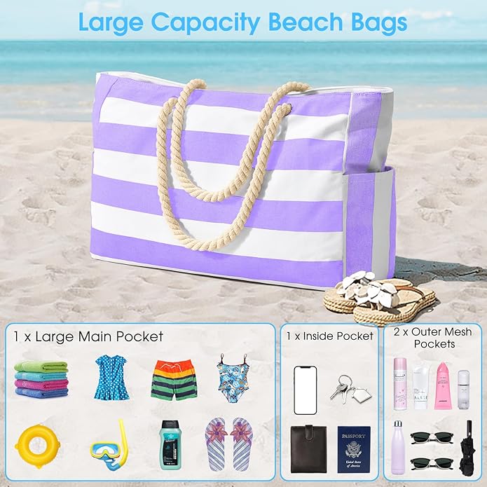 Becokan Beach Bags for Women Large Waterproof Beach Tote Bag Zipper Beach Bags Waterproof Sandproof Swim Pool Bag Large Tote