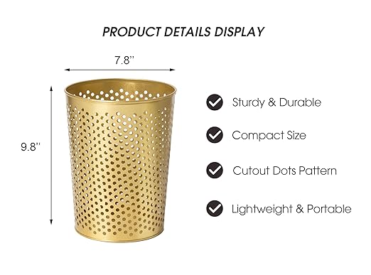 Small Gold Metal Trash Can Wastebasket, Decorative Hollow-Out Garbage Can Waste Paper Bin, Modern Farmhouse Round Trash Bin for Bathroom, Bedroom, Kitchen and Office (Dots)