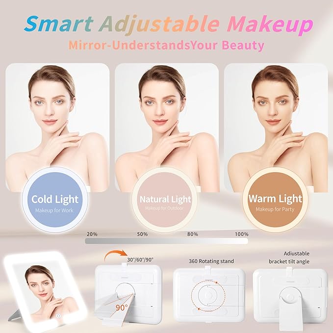 Makeup Bag with LED Mirror & Magnifier, Large Cosmetic Organizer Travel Makeup Case with Adjustable Brightness & 6 Detachable Dividers, Portable Makeup Storage for Women Girls (Brown)