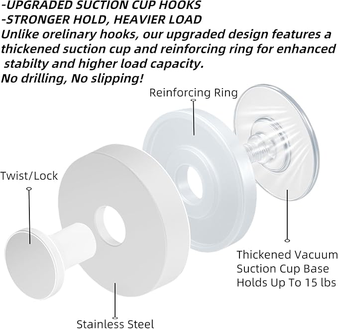 2025 Upgraded Stainless Steel Heavy Duty Suction Cup Hooks For Shower Bathroom Accessories Removable Hook For Glass Window Door Wall Hooks For Hanging Towels Robes Wreaths (Pack Of 5, White)