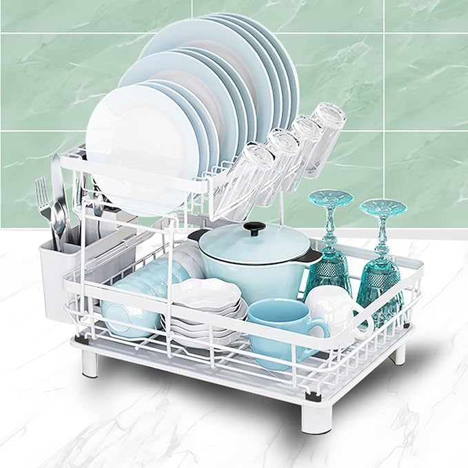 GAXmi Dish Drying Rack Over The Sink Drainer with Drainboard Utensil Holder Cup Holder, 2-Tier White
