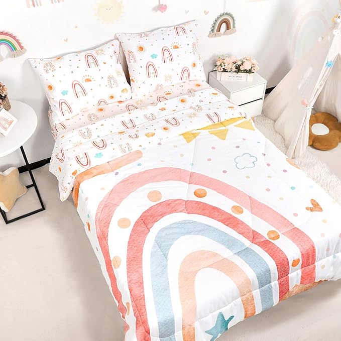 Twin Size Toddler Bedding Set for Girls- 5 Piece Rainbow Toddler Girl Bedding, Super Soft & Lightweight Toddler Comforter Set Includes Comforter, Flat Sheet, Fitted Sheet, Pillowcase (Pink)