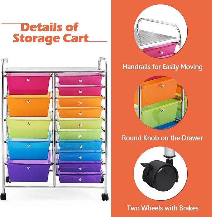 GOFLAME 15-Drawer Rolling Storage Cart, Multipurpose Movable Organizer Cart, Utility Cart for Home, Office, School, Rainbow
