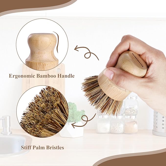 Bamboo Dish Brush Set,4 Pack Kitchen Palm Pot Brush with Union Fiber, Natural Bamboo Dish Scrub Brush for Cleaning Pots,Pans,Sinks,Woks,Vegetables