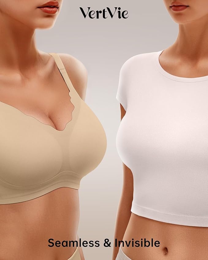 Vertvie Womens Seamless Bras No Underwire Supportive Wireless Push Up Full Coverage Bralette Comfort Scalloped T-Shirt Bra