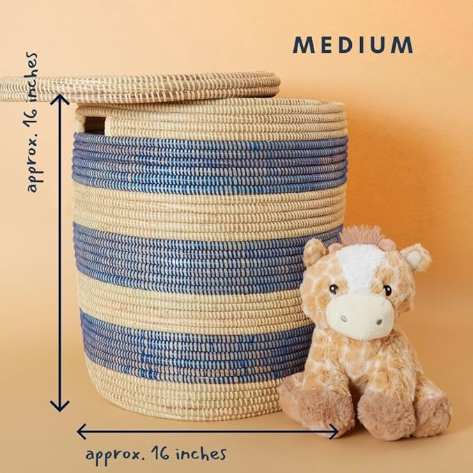Storage & Organization - Laundry Basket, Bedroom Hamper, Nursery Toys Bin, Living Room Blankets Storage, Decorative, Wicker, Sturdy, Round, Handles, Woven, Blue Beige (Medium)