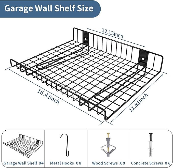 4 Pack Garage Wall Shelf, Wall Mounted Storage Shelves, Heavy Duty Metal Shelves for Room Wall, Loads 260 LBS Floating Shelves Mesh Storage Rack for Garage, Office, Basement,Wall Cabinet and Kitchen