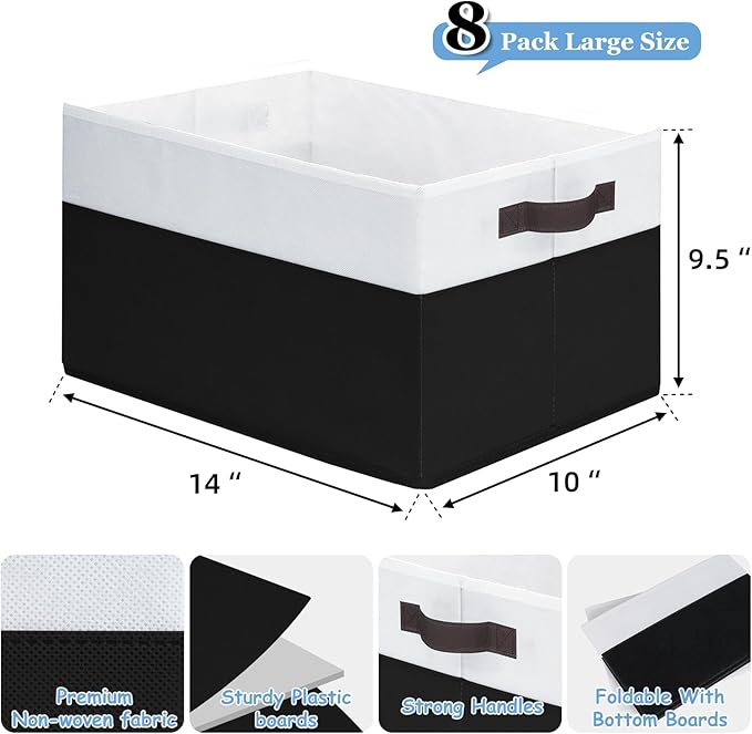 Criusia 8 Pack Large Storage Baskets for Room Organization, Multi-Purpose Bins for Closet, Shelves, Kitchen, Office, Decorative Fabric Foldable Storage Boxes with Handles (14L*10W*9.5H)