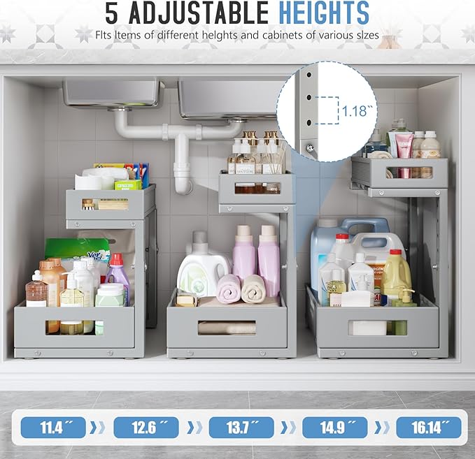 1 Pack-11.4"-16.14" H Under Sink Storage Organizer, Large 2-Tier Elegant Mesh Pull Out Shelf for Kitchen & Bathroom Cabinet Organization, L-Shaped, Adjustable Height-Gun Gray