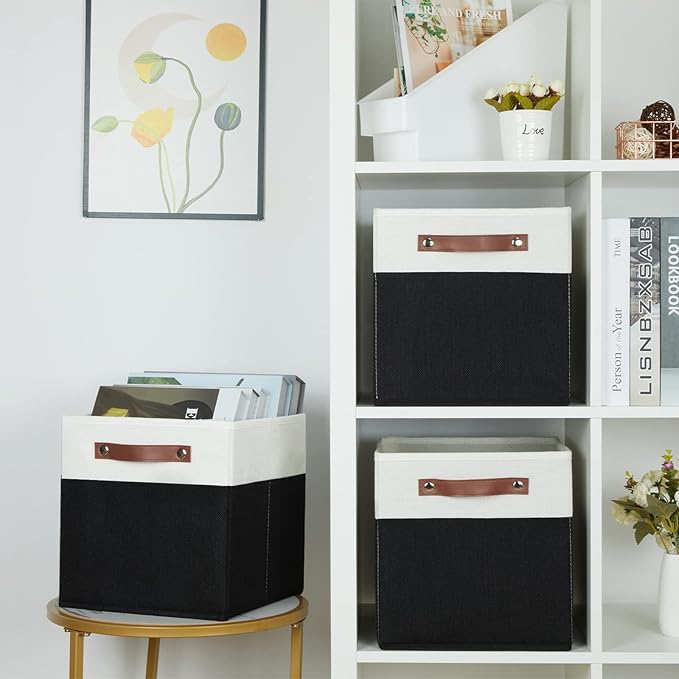 HNZIGE Cubes Storage Bins Set of 4,11 x 11 Fabric Storage Cube Baskets for Storage,Decorative Storage Bins for Shelves with Handles,Closet Clothes Baskets for Organizing Home(Black White)
