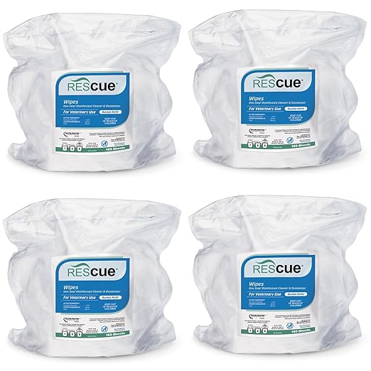 REScue One-Step Disinfectant Cleaner & Deodorizer Wipes for Vet Use – Cleaner for Kennels, Litter Boxes, Vet Offices, Pet Grooming Surfaces – Extra Large Wipes, 160-Count Bucket Refill (4 Pack)