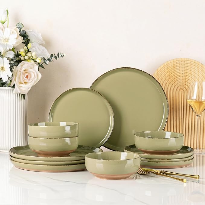 AmorArc Ceramic Dinnerware Sets for 4, 12 Pieces Handpainted Plates and Bowls Set with Rustic Terracotta Underside, Scratch Resistant Stoneware Dishes Set, Dishwasher & Microwave Safe, Olive Green