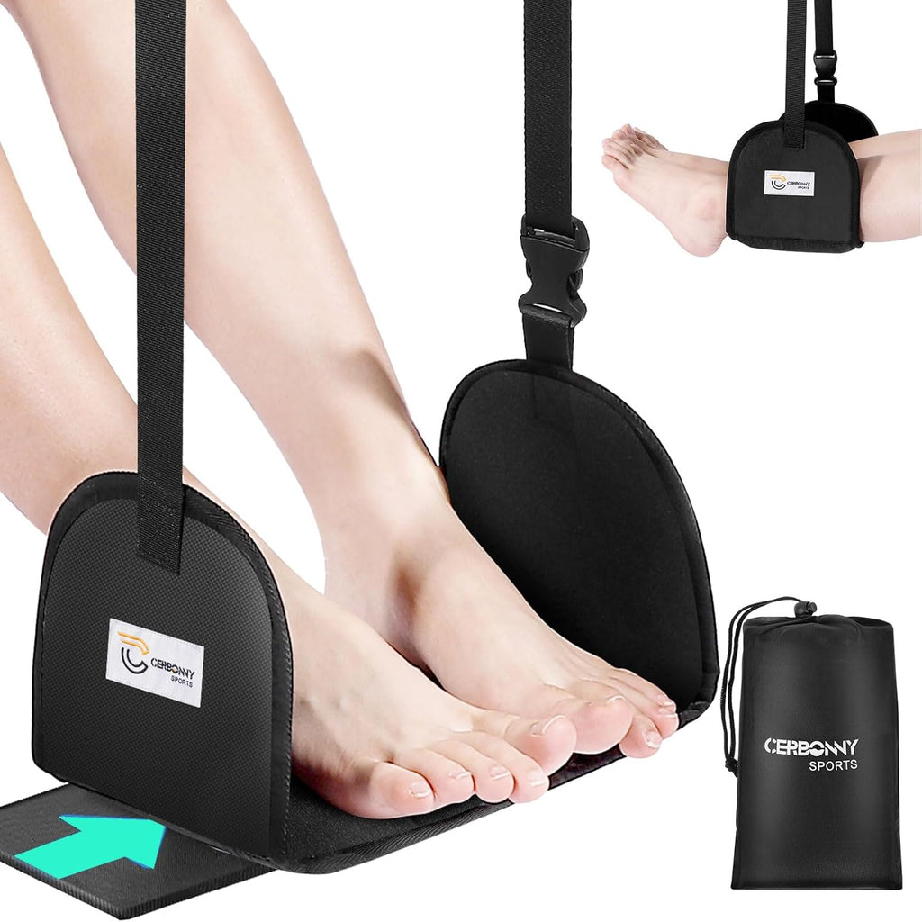 CERBONNY Airplane Foot Rest - Portable and Adjustable Foot Hammock, Travel Flight Essential for Relaxing Your Feet During Journeys - Office Footrests (Black)