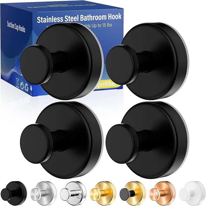 Suction Cup Hooks for Shower,Removable No Drill Towel Hooks,Upgraded 15 lbs Strong Suction hooks for Bathroom Tile,Shower Wall,Glass Door,Kitchen-Loofah,Coat,Stainless Waterproof-Matte Black 4 Pcs