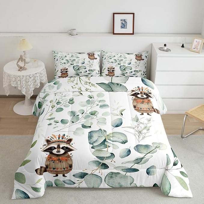 Erosebridal Cute Raccoon Bedding Full Size for Kids Child Green Eucalyptus Comforter Set Full, Woodland Animal Duvet Insert Plant Leaves Quilt Comforter, Cartoon Wildlife Bedding Comforters & Sets