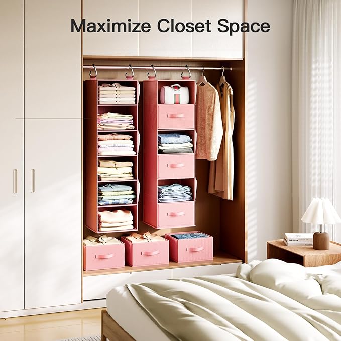 Pipishell Hanging Closet Organizer 6-Shelf, Hanging Shelves for Closet with 3 Removable Drawers & Side Pockets, Hanging Shelf Organizer for Bedroom or Garment Rack, 12'' x 12'' x 43.3'', Pink