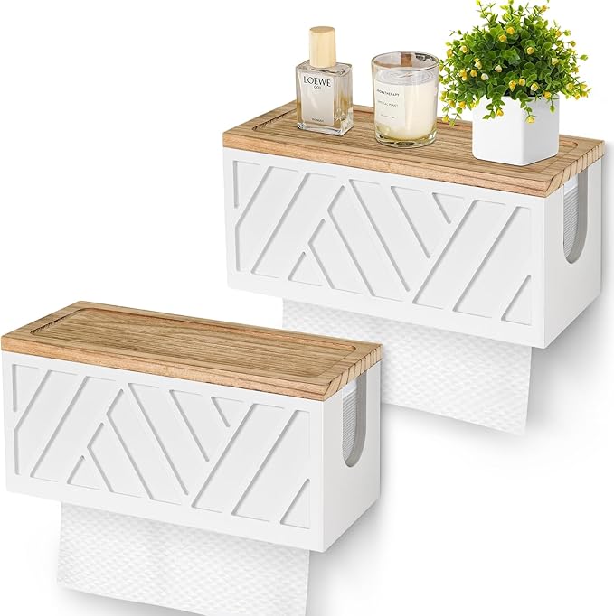 Set of 2 Paper Towel Dispenser Wall Mount, Paper Towel Holder Wall Mounted with Lid, Solid Wood Commercial C-Fold, Z-Fold, Trifold Hand Paper Towel Holder Hand Towel Holder for Bathroom Kitchen Decor
