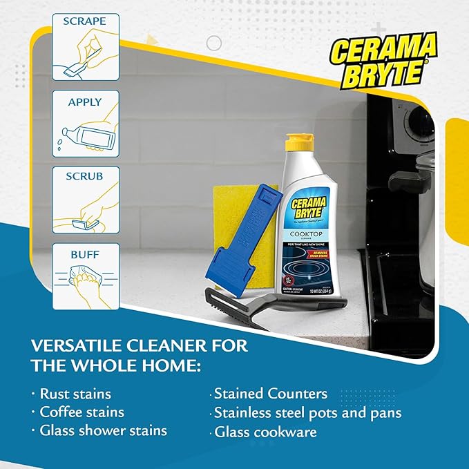 Cerama Bryte Glass Cooktop and Stove Top Cleaner Combo Kit - Includes Cleaning Tool, Razor, Scraper and 3 Pads to Remove Tough Stains - Use on Gas, Electric, Ceramic Surfaces, 10 Ounces, 6 Piece