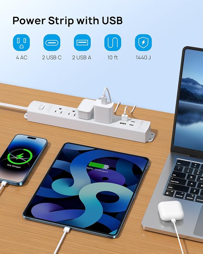 TROND Flat Plug Power Strip USB-10ft Flat Extension Cord Surge Protector Wall Mount, 2 USB C & 2 USB A Ports with Multiple Outlets, 1440J, 1625W for Office Supplies Dorm Room Essentials, White