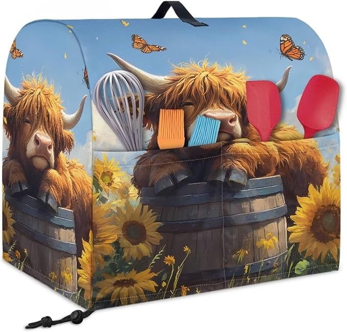 Kitchen Aid Stand Mixer Covers Highland Cow Sunflower Kitchen Appliance Dust Covers Protective Compatible with 4.5-5 Quart Kitchen Aid Stand Mixer