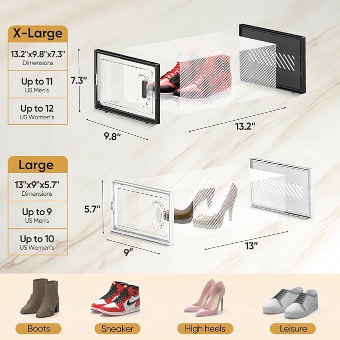 BALEINE 12 Pack Stackable Shoe Storage Boxes Fit Size 9, Thickened Clear Shoe Box Bins with Lids, Plastic Foldable Organizer Sneaker Storage Containers (12 Pack, Large White)