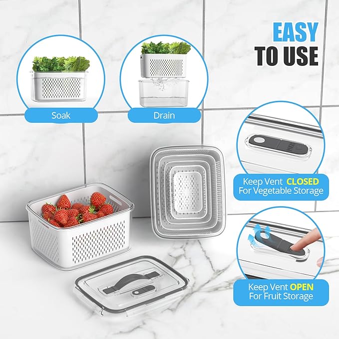 5 Pack Fruit Storage Containers for Fridge - Clear Berry Containers with Colander, Airtight Fridge Organizer Bins with Vent Handle Lids for Refrigerator Organizers and Storage Keep Fresh