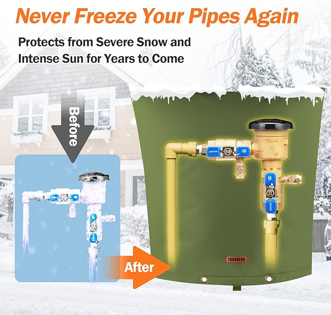 TOHONFOO Backflow Preventer Pipe Insulation Cover (5°F) - Irrigation Sprinkler Valve Insulated Pouch - Water Well Pump Cover - Sturdy 5 Layers for Winter Freeze Protection, 24" W x 26" H, Green