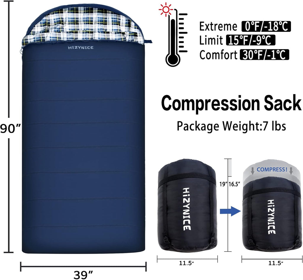 0 Degree Sleeping Bag 100% Cotton Flannel XXL for Adults Big and Tall Cold Weather Winter Zero Degree Camping,Free Compression Sack