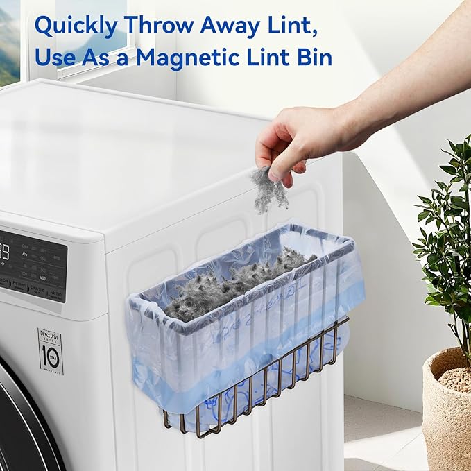 Magnetic Dryer Ball Holder and Magnetic Hanger Holder for Laundry Room Organization and Storage, Magnetic Lint Bin for Laundry Room, Iron Basket Dryer Ball Container for Laundry Room Storage (Brown)