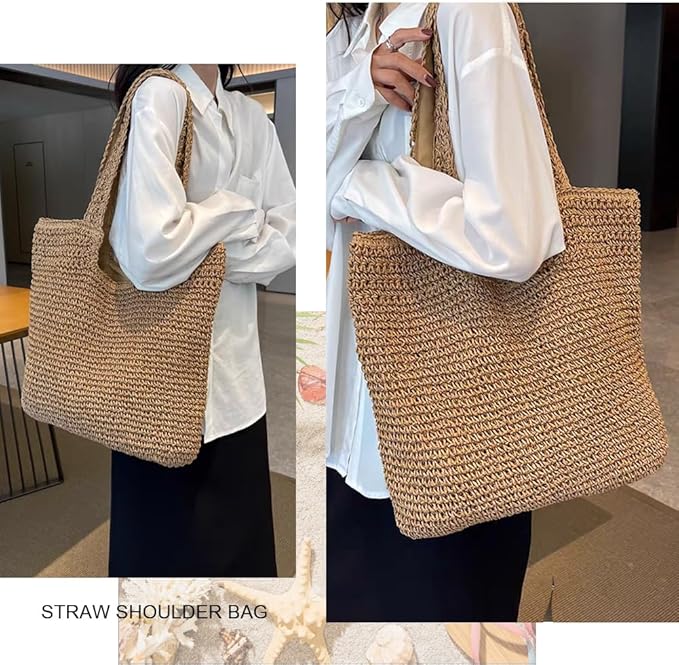 Straw Beach Bags for Women Woven Beach Tote Bag Casual Boho Large Shoulder Handbags Purse for Vacation Holiday