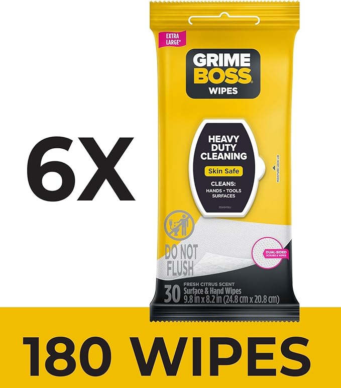 Grime Boss Heavy Duty Wipes (6 x 30ct) | Wet Wipes Used for Hands, Equipment, Tools, Garden, Automotive| Easily Removes Oil, Grease, & Dirt (Pack of 12)