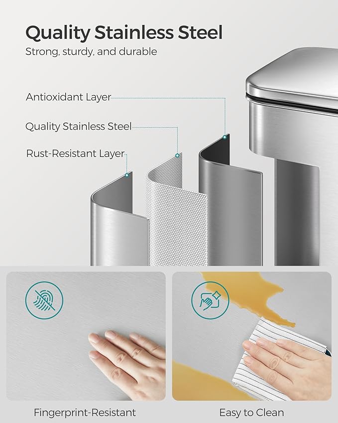 SONGMICS Kitchen Trash Can, 10.5 Gallon (40 L) Garbage Can, Large Step Trash Bin with Lid, Stainless Steel, Soft Close, 15 Trash Bags Included, Silver ULTB540E40