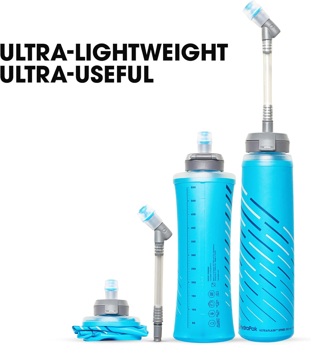 HydraPak UltraFlask Speed (500ml or 600ml) - Collapsible Soft Flask Water Bottle for Hydration Vests and Running Packs with Easy Open Cap