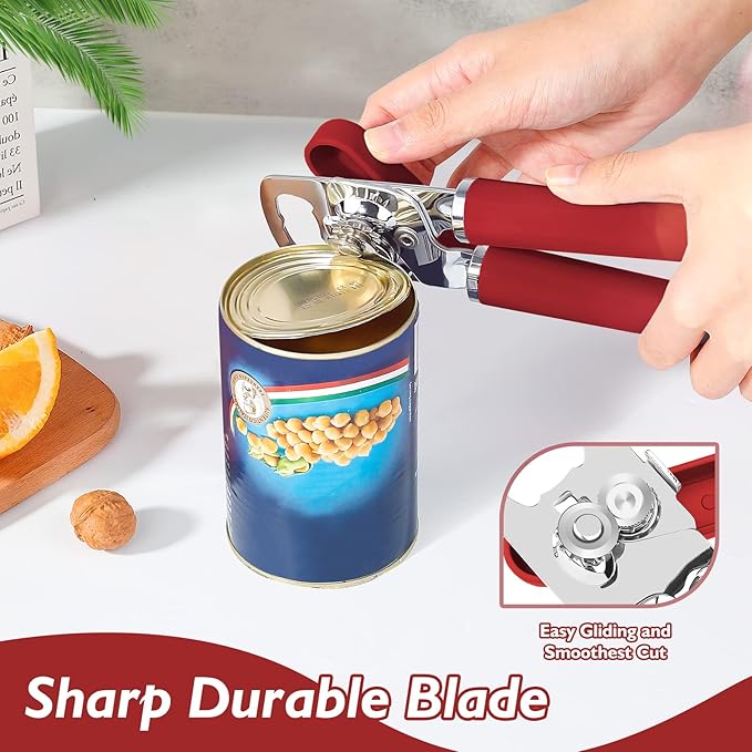 10 Colors, Manual Handheld Heavy Duty Hand can Opener Smooth Edge Stainless Steel, Top Lid Kitchen Gadgets, Best Large Rated Easy Turn Knob, with Bottle Opener, Red