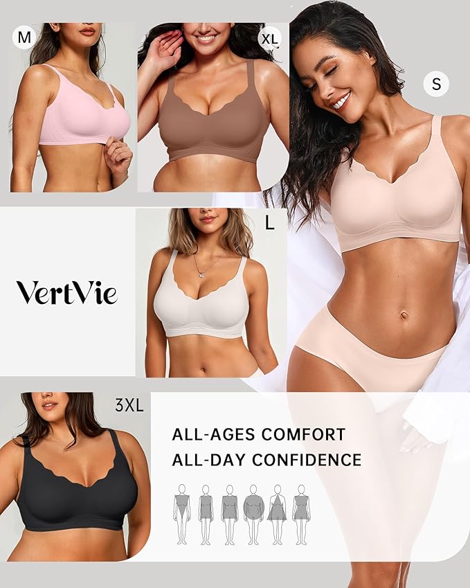 Vertvie Womens Seamless Bras No Underwire Supportive Wireless Push Up Full Coverage Bralette Comfort Scalloped T-Shirt Bra