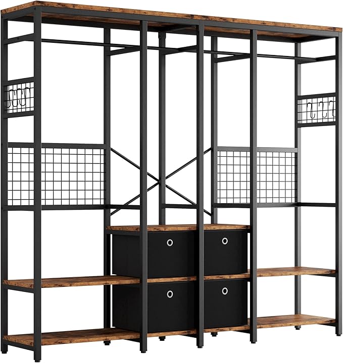 IRONCK Garment Racks with Shelves 4 Drawers and 8 Hooks Heavy Duty Closet Organizer for Hanging Clothes, Freestanding Closet Wardrobe Rack, Vintage Brown