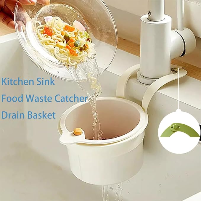 Faucet Hanging Strainer Kitchen Sink Food Waste Catcher Drain Basket, Plastic Kitchen Sink Strainer Automatic Dumping Draining Basket, Food Fruit Vegetable Drain Shelf Sink Storage Holder (White)