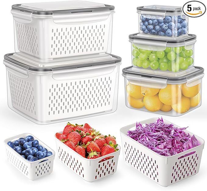 HOTEC 5-Pack Large Fruit Storage Container for Fridge Leak proof with Removable Colander, BPA Free Dishwasher & microwave safe Largest 4.15L