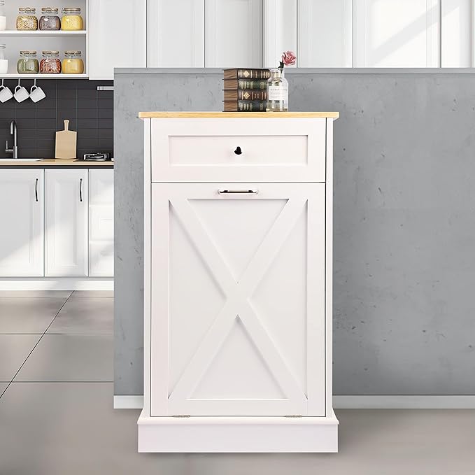 Betterhood Tilt Out Trash Cabinet 10 Gallon Wooden Free Standing Laundry Sorter Cabinet,Recycling Cabine with Hideaway Drawer,Tilt Out Trash Cabine Can Bin Kitchen (White)