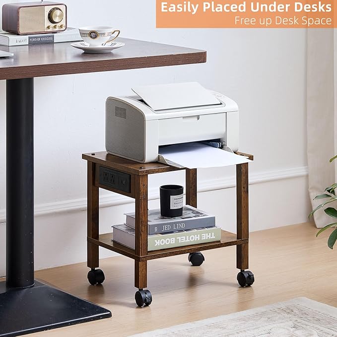 Lerliuo Under Desk Printer Stand with Charging Station, 2 Tier Wooden Small Printer Table with Storage, Rolling Printer Cart Shelf with Lockable Wheels for Home, Office (Brown)