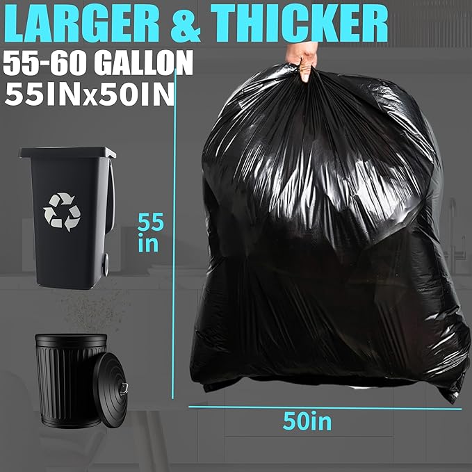 Brandon-super 55-60 Gallon Trash Bags, 100 count, Sturdy & Tear-Resistant Commercial Can Liners 55 Gallon, Large Garbage Bags, Large Black Trash Bags for Commercial, Lawn and Leaf Bags