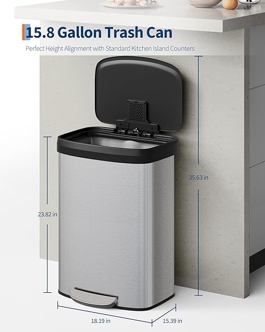 16 Gallon (60 l) Trash Can, Stainless Steel Kitchen Garbage Can, Recycling or Waste Bin with Liner Rim, Rear Handle, Soft Close Plastic Lid Step-on Pedal, Removable Inner Bucket