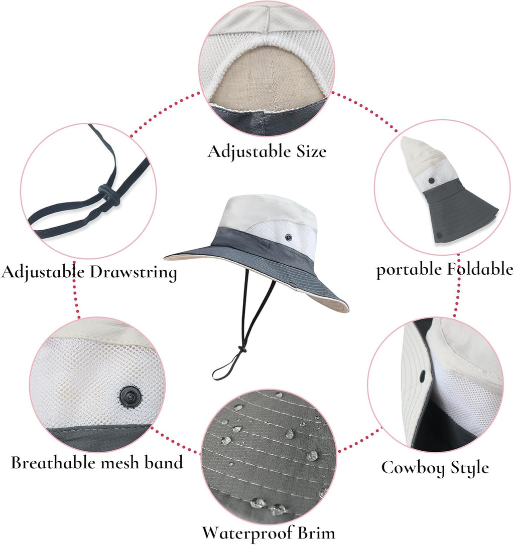 NPQQUAN Ponytail Sun Bucket Hats for Women Men Wide Brim UPF 50+ Fishing & Beach Hats